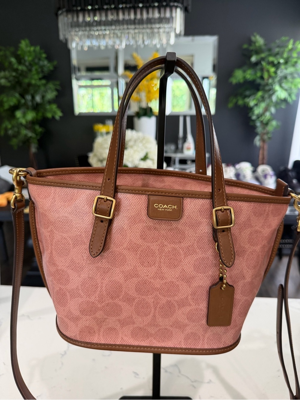 Coach Taxi Pink Signature Canvas Shoulder Tote with Brown Leather Trim